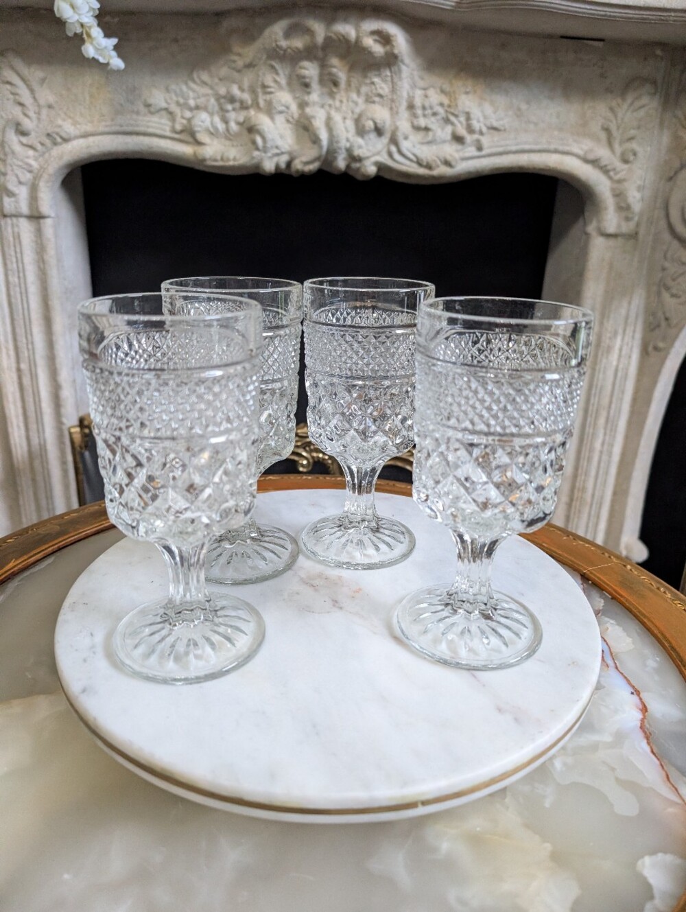Vintage Set of 4 Cut Glass Goblets  Diamond Pattern Wine Water Glasses 6.5” x 3"